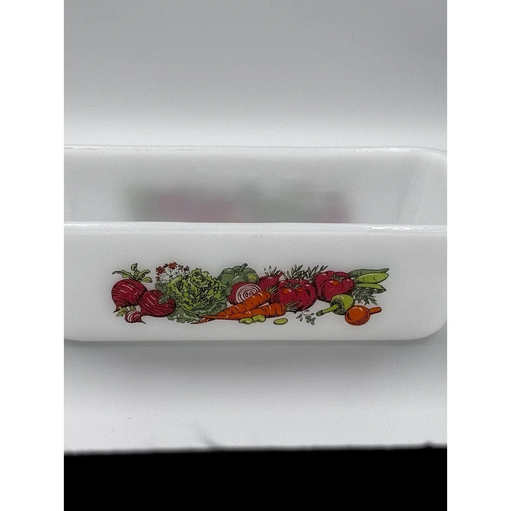 Vintage Glasbake Vegetable Pattern Loaf Pan Milk glass 1.5 Quart Made In USA
